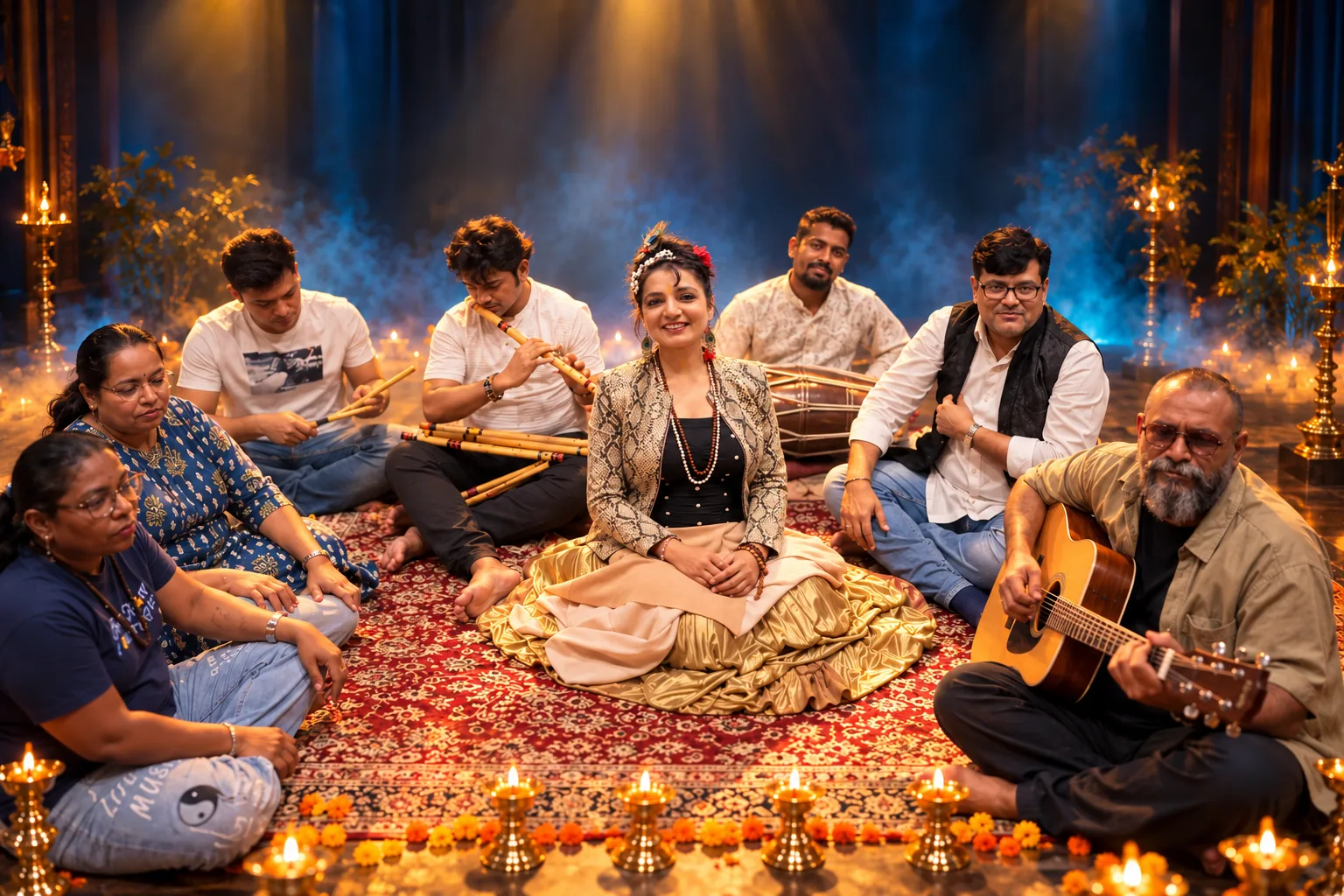 Tridev Ganga ensemble seated on a carpet among diyas: Ganga Mamgai at the centre with flute, dholak, percussion, guitar and vocalists around her