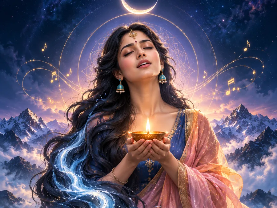 Ganga Devi with river-flowing hair offering a diya among Himalayan peaks