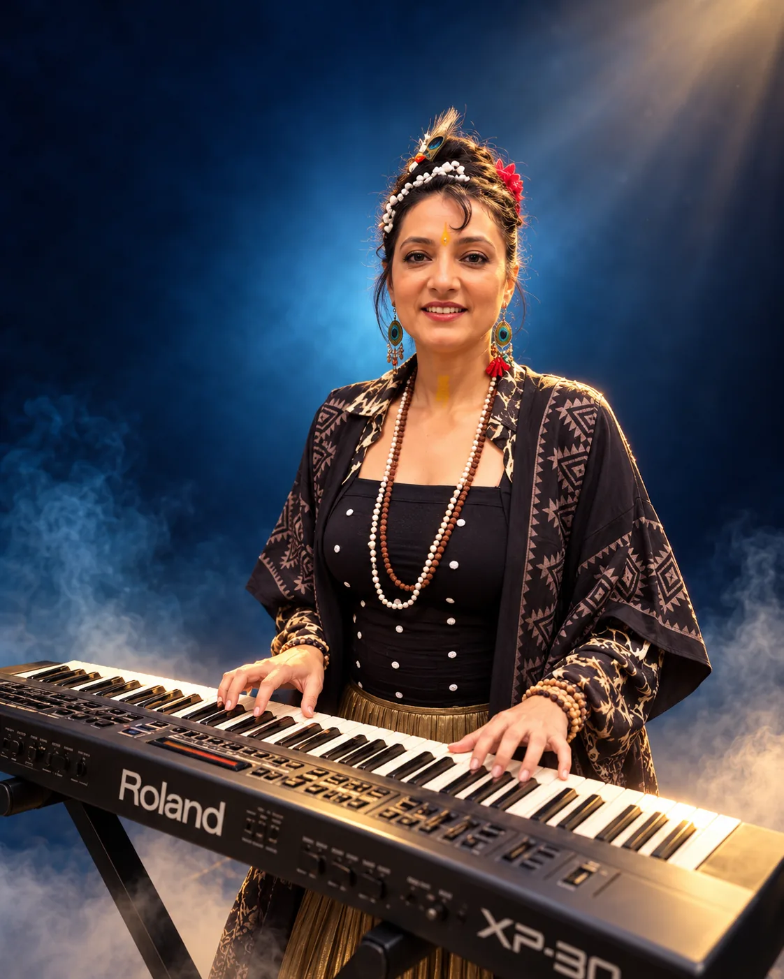 Ganga Mamgai playing a Roland keyboard on a misty stage