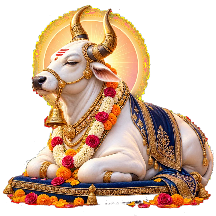Nandi, the sacred bull, garlanded and seated with a golden halo