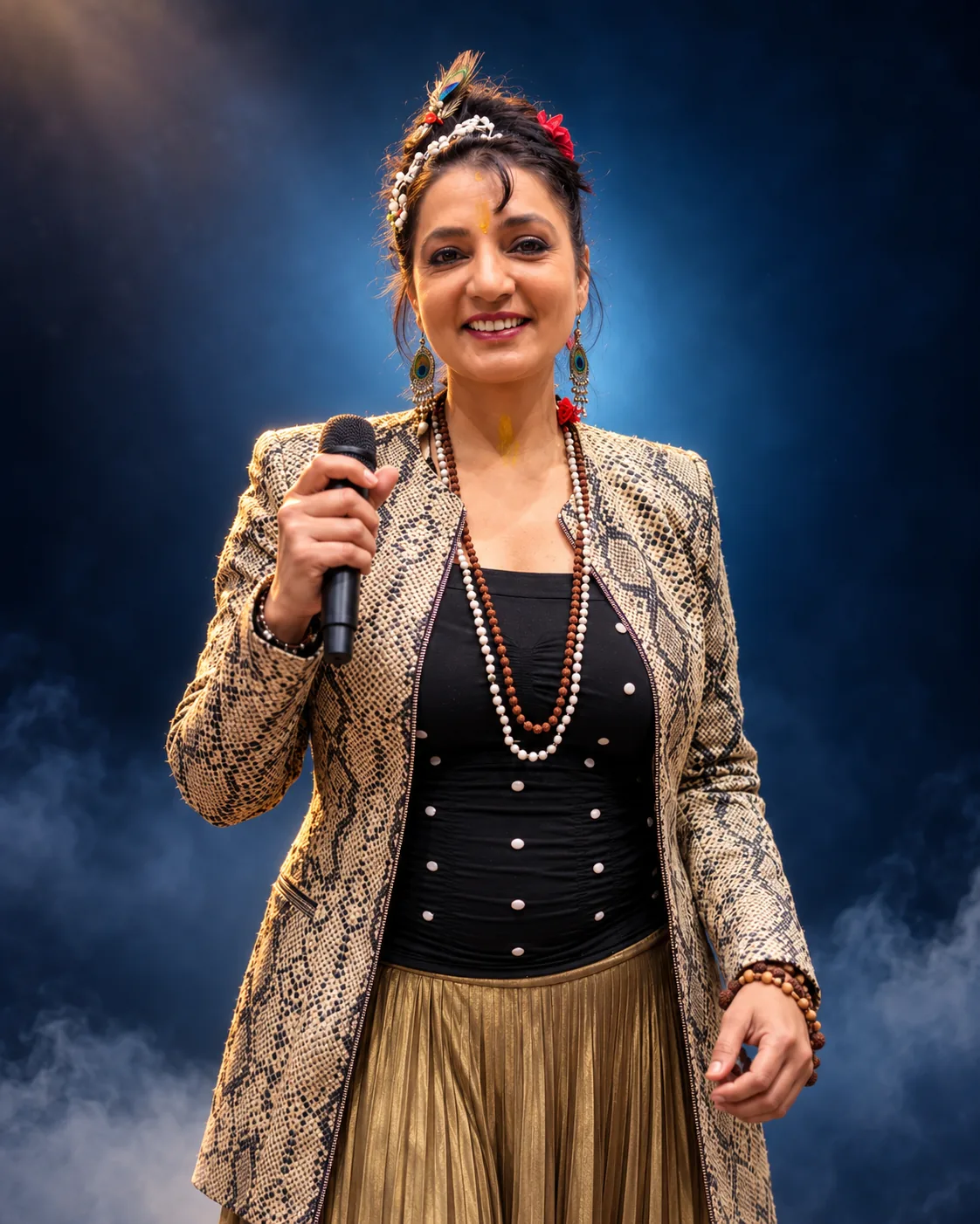 Ganga Mamgai on stage holding a microphone, in a snakeskin jacket and rudraksha malas