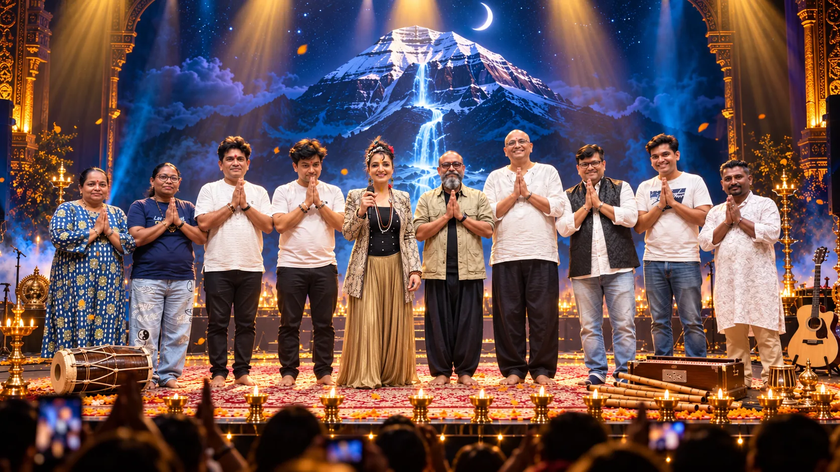 Tridev Ganga ensemble taking a bow on a Kailash-themed stage lit with diyas